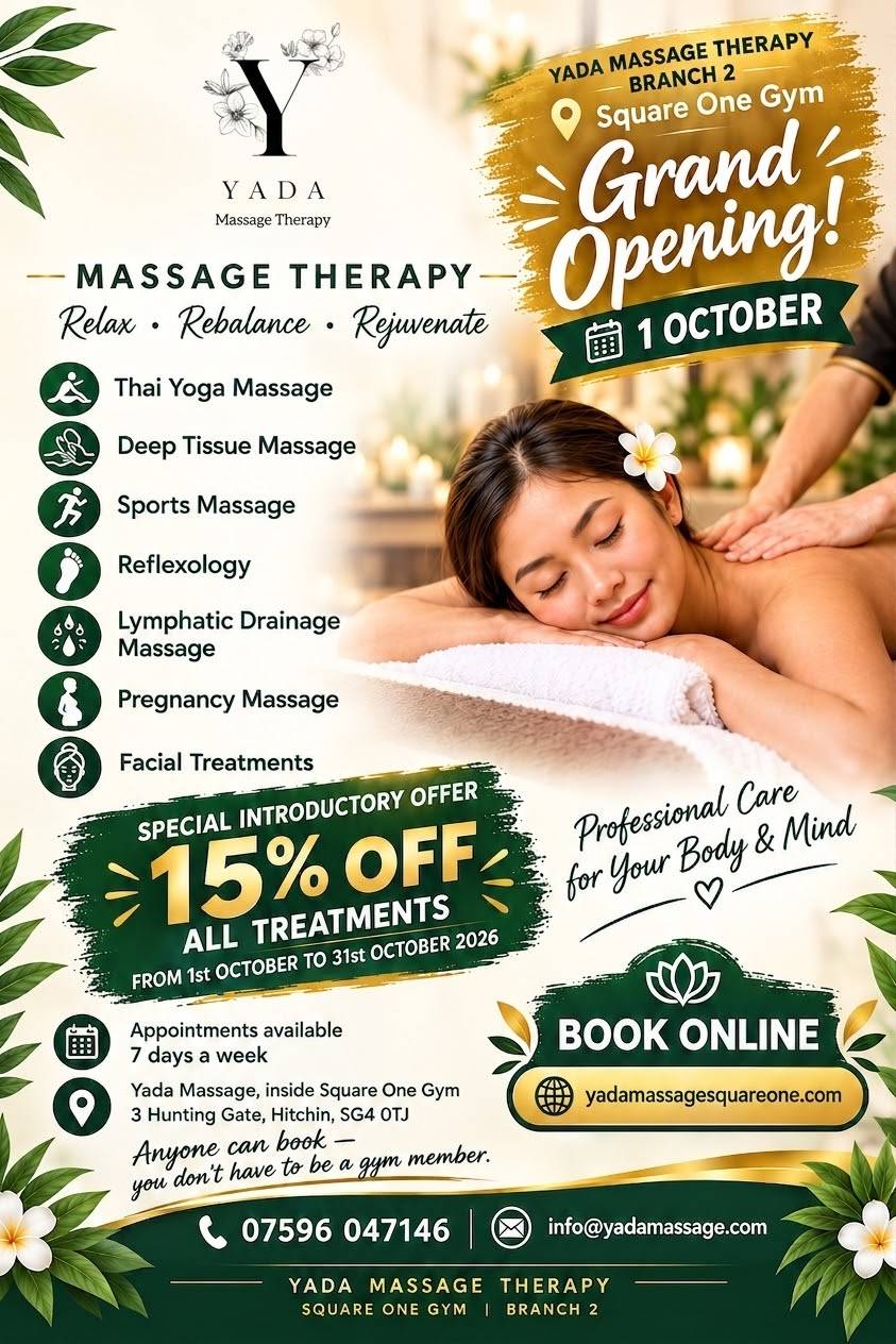 Yada Massage Therapy grand opening poster: treatments, 15% introductory offer and booking details